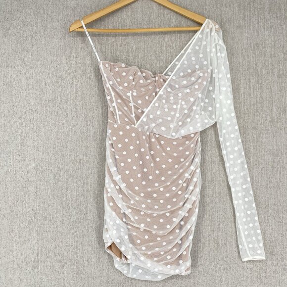 White Fox Boutique Fusion Sour One Shoulder Dress Ruched Bodycon Illusion NEW - Picture 2 of 11